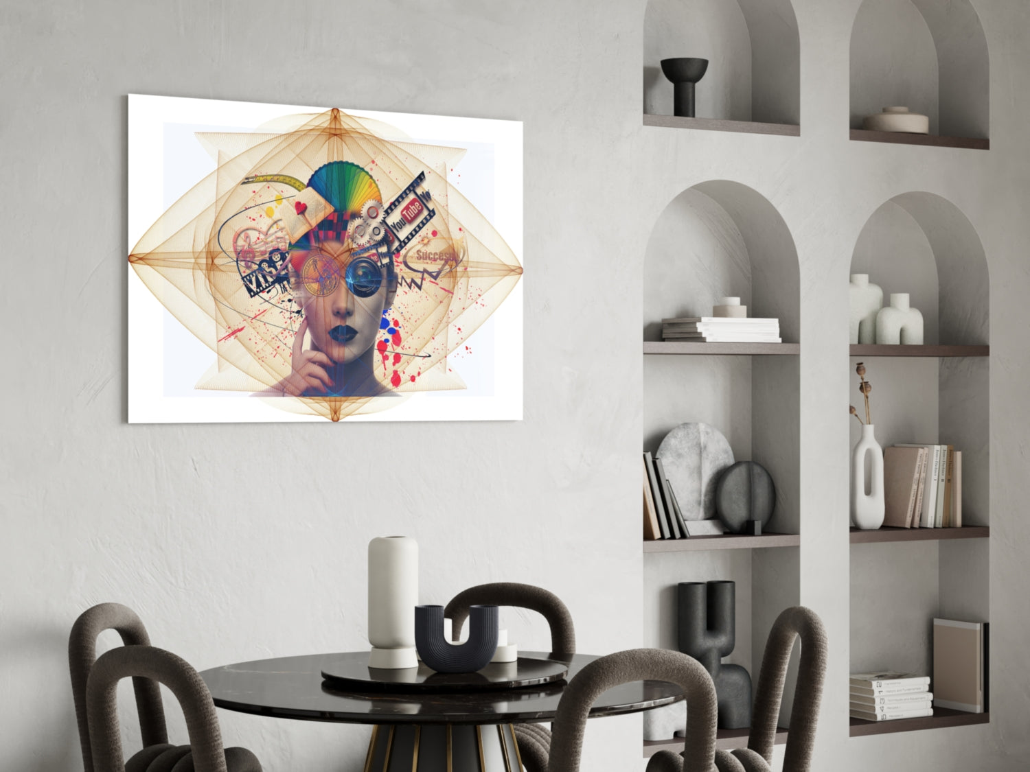 Colorful abstract glass wall art featuring a stylized face with geometric patterns and splatter effects displayed above a dining table.