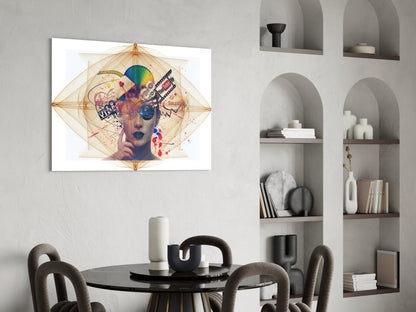 Colorful abstract glass wall art featuring a stylized face with geometric patterns and splatter effects displayed above a dining table.