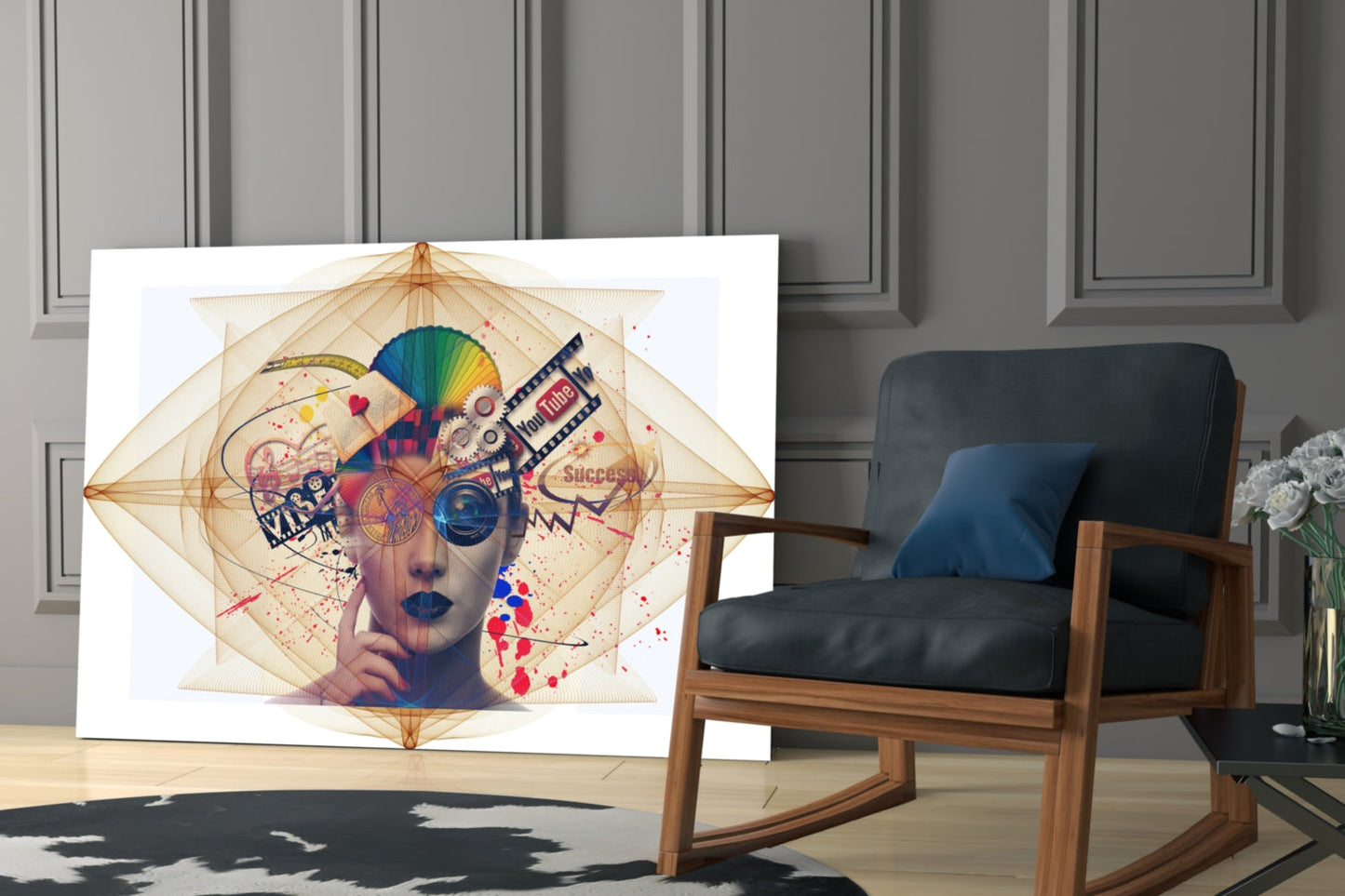 Colorful abstract portrait glass wall art featuring geometric patterns, rainbow colors, and text elements displayed in modern living room next to wooden chair.