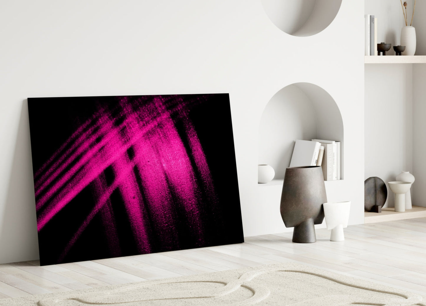Magenta Powder Streaks on Black Glass Wall Art