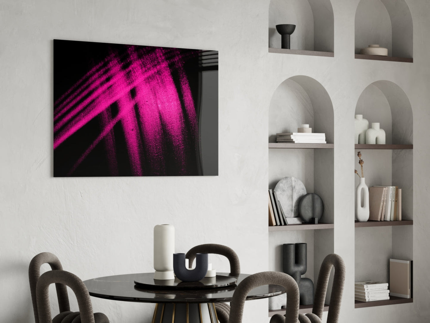 Magenta Powder Streaks on Black Glass Wall Art
