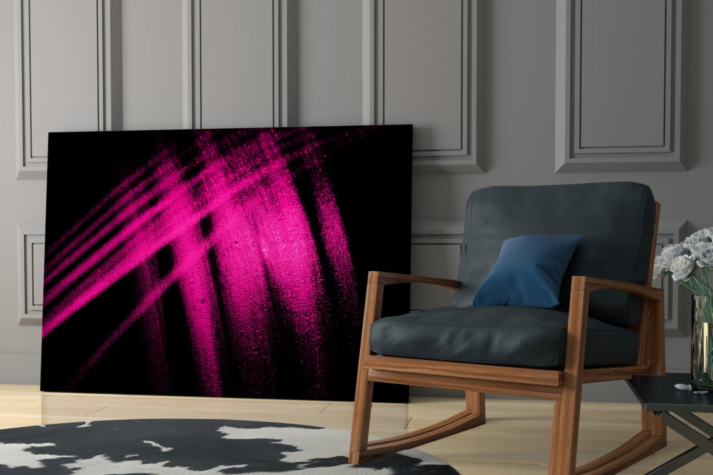 Magenta Powder Streaks on Black Glass Wall Art