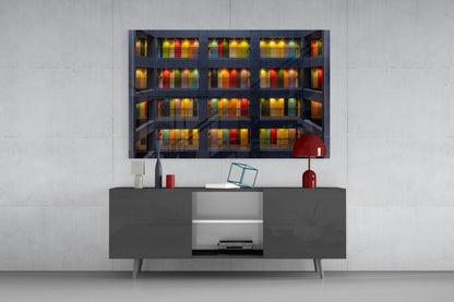 Colored Doors Glass Wall Art displayed above a dark gray media console in a minimalist interior setting.