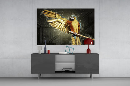 Golden Macaw Water Splash Glass Wall Art