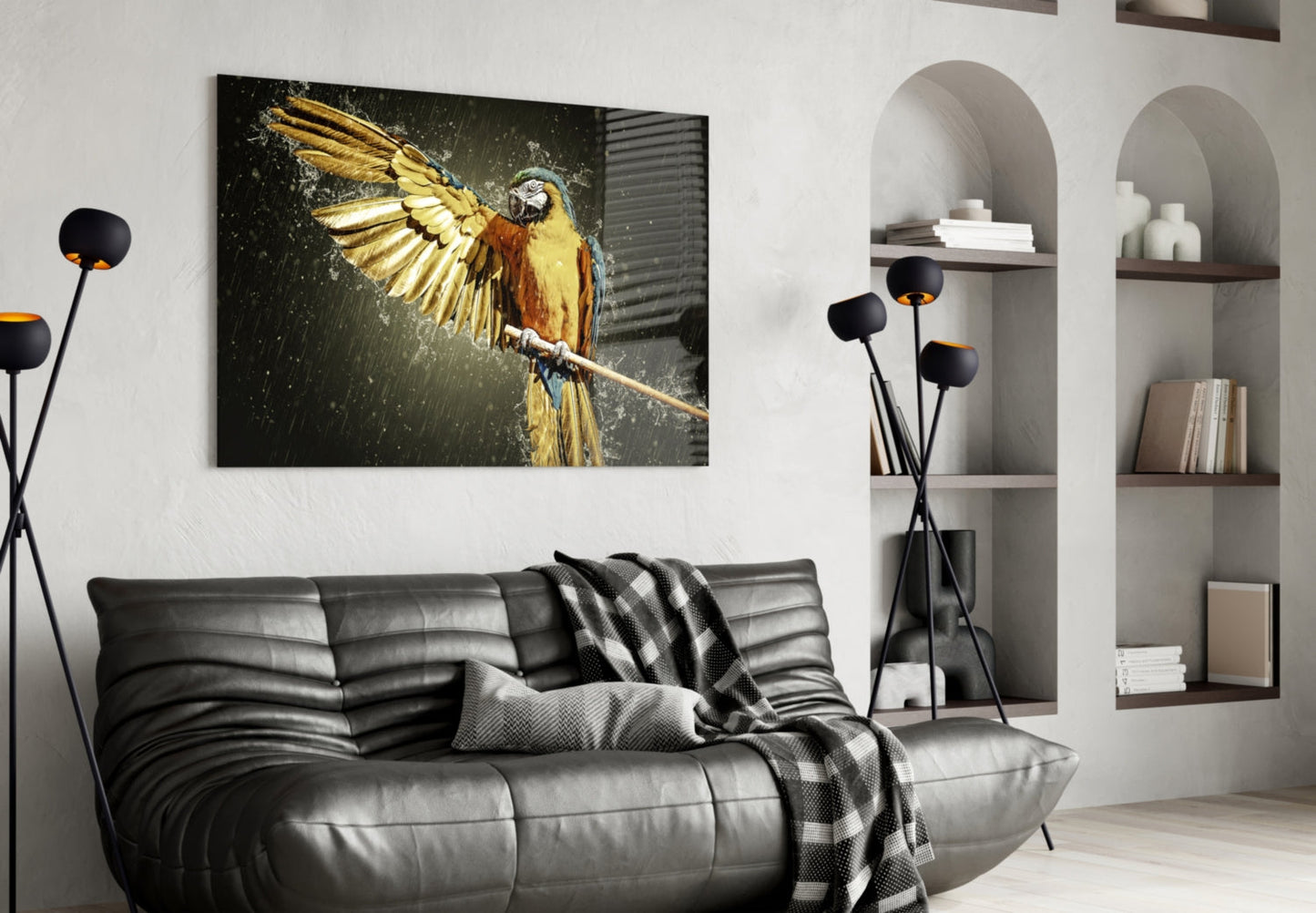 Golden Macaw Water Splash Glass Wall Art