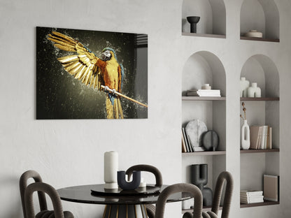 Golden Macaw Water Splash Glass Wall Art
