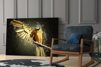 Golden Macaw Water Splash Glass Wall Art