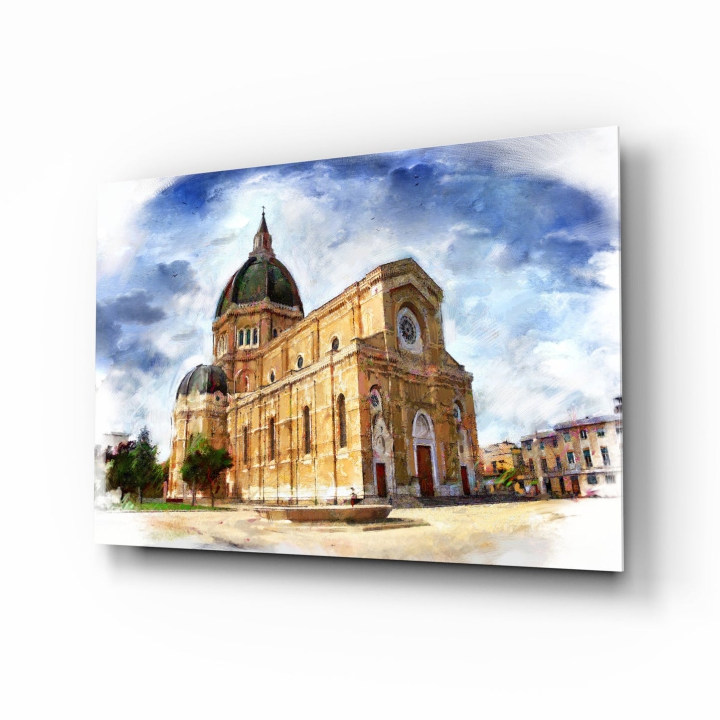 Watercolor-style glass wall art depicting a grand yellow stone church with green dome and red doors in an Italian piazza.