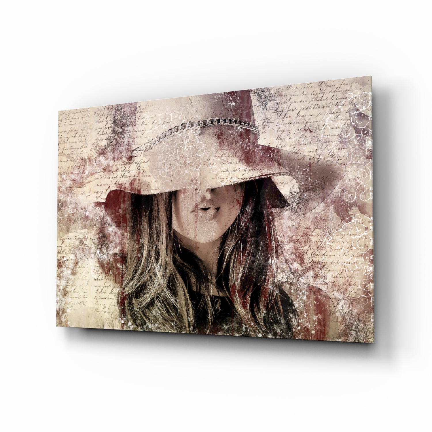 Angled view of glass wall art featuring a woman wearing a cream cowboy hat with long dark hair, overlaid on vintage handwritten text and burgundy distressed patterns.