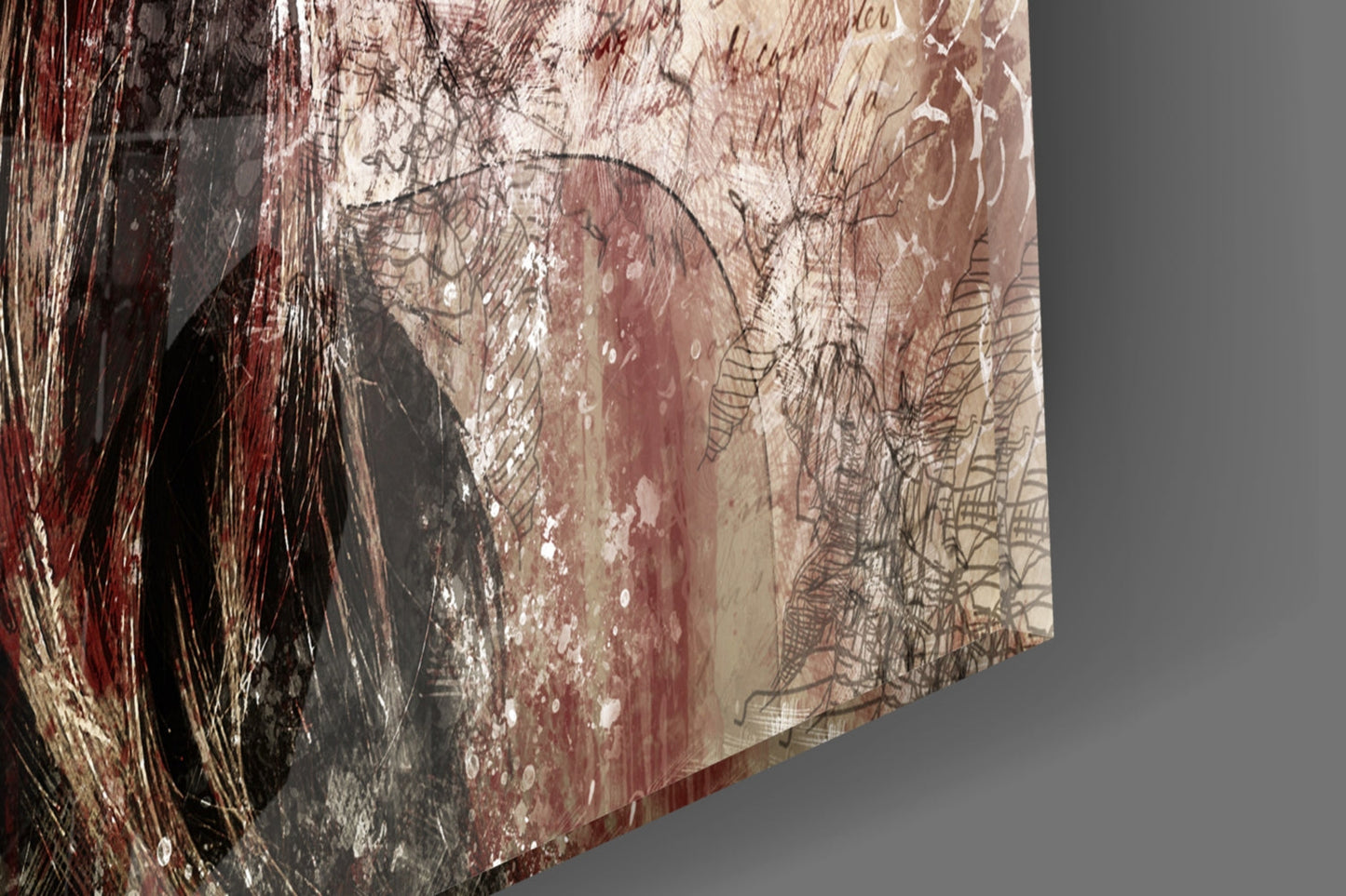 Close-up side angle of glass wall art showing layered portrait with red, brown, and cream tones, fine line details, and textured brushstroke effects.