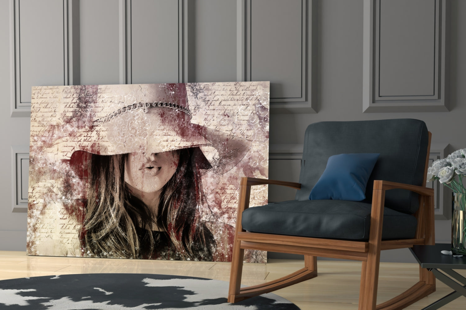Glass wall art displaying a woman wearing a decorative hat with vintage lettering background, displayed in a modern living room setting.