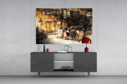 Retro garage glass wall art displaying a rusty vintage car and workshop interior, mounted above a dark gray media console in a modern living room setting.