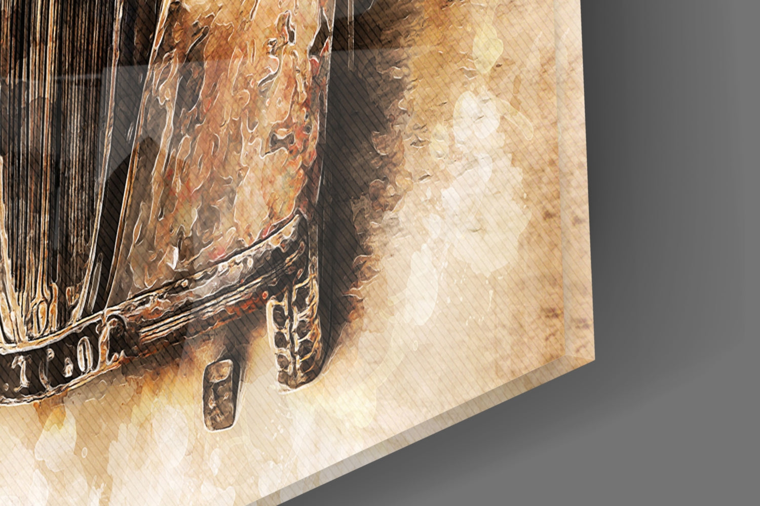 Close-up detail of textured glass wall art showing vintage truck illustration with brown and cream tones and ornate lettering.