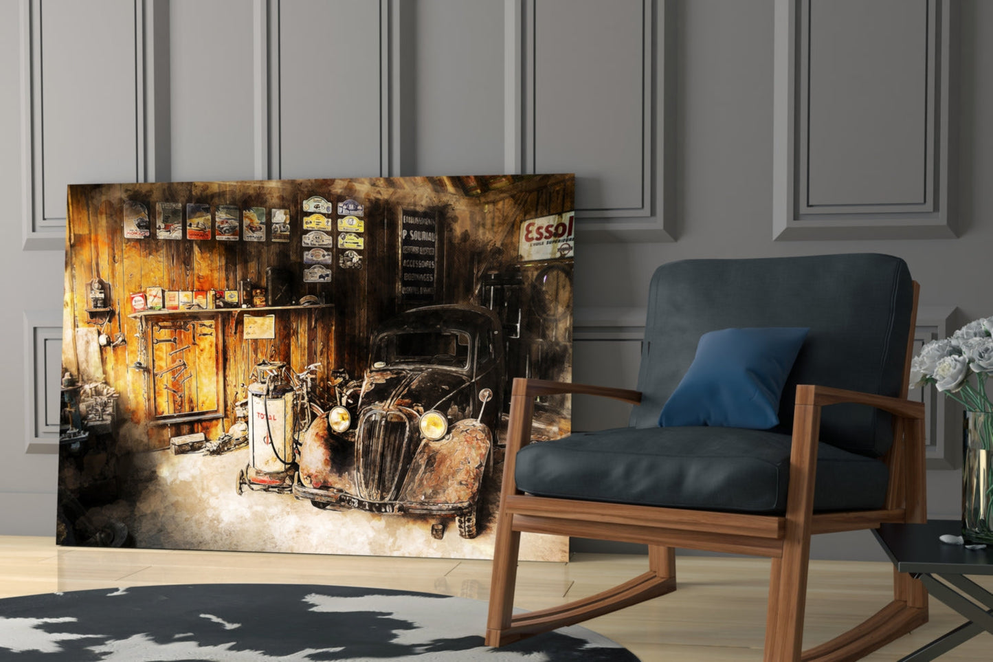 Vintage garage glass wall art depicting weathered car and Essol sign displayed next to mid-century wooden chair in modern interior.