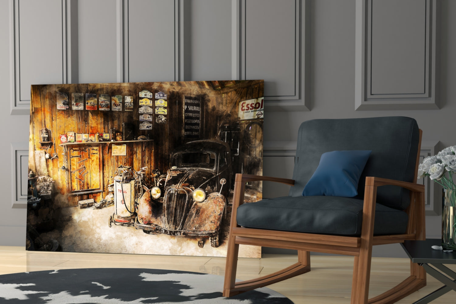 Vintage garage glass wall art depicting weathered car and Essol sign displayed next to mid-century wooden chair in modern interior.