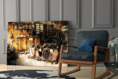 Vintage garage glass wall art depicting weathered car and Essol sign displayed next to mid-century wooden chair in modern interior.