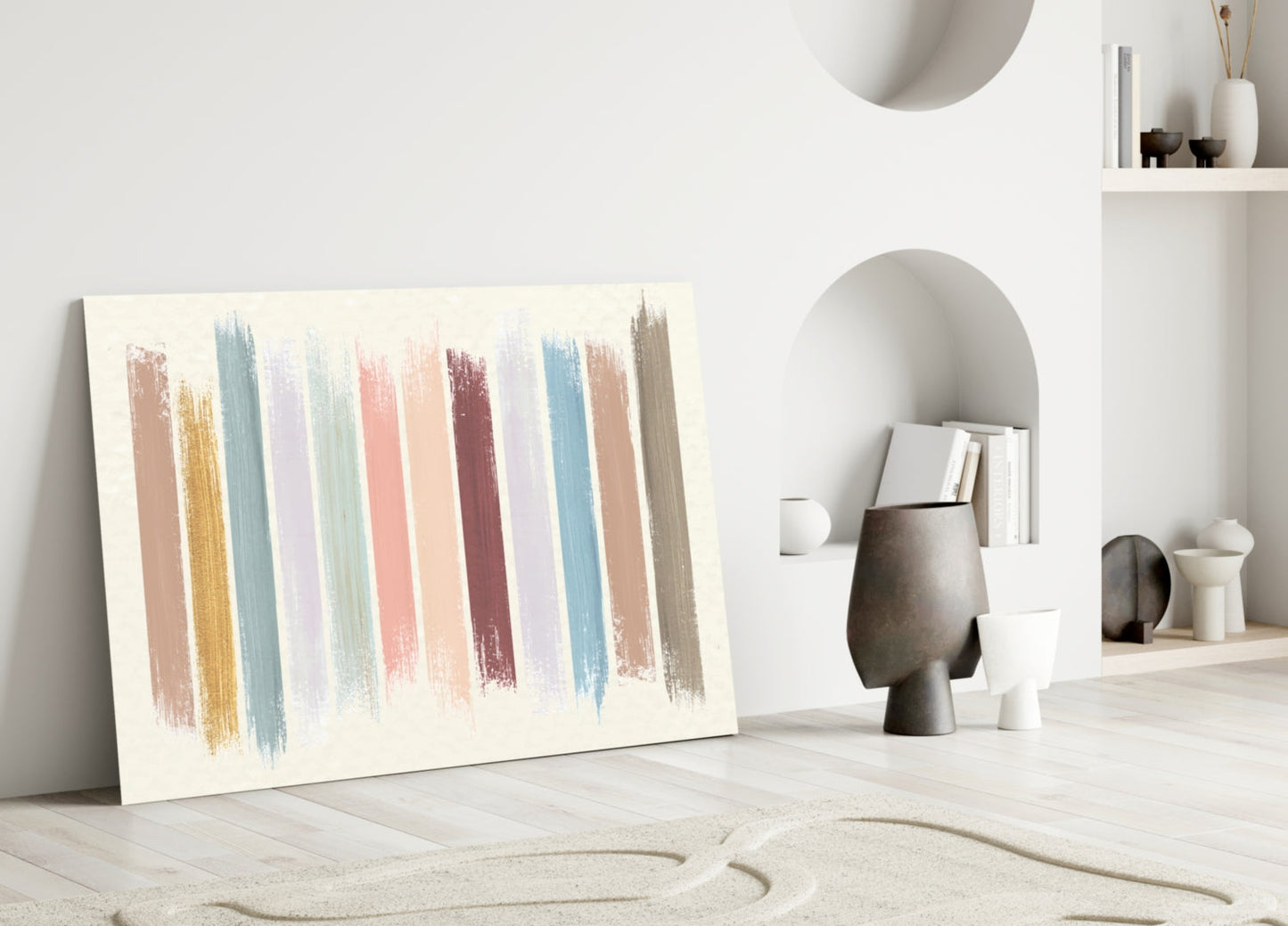Colored Lines Glass Wall Art leaning against white wall in minimalist room setting with decorative objects and shelving.