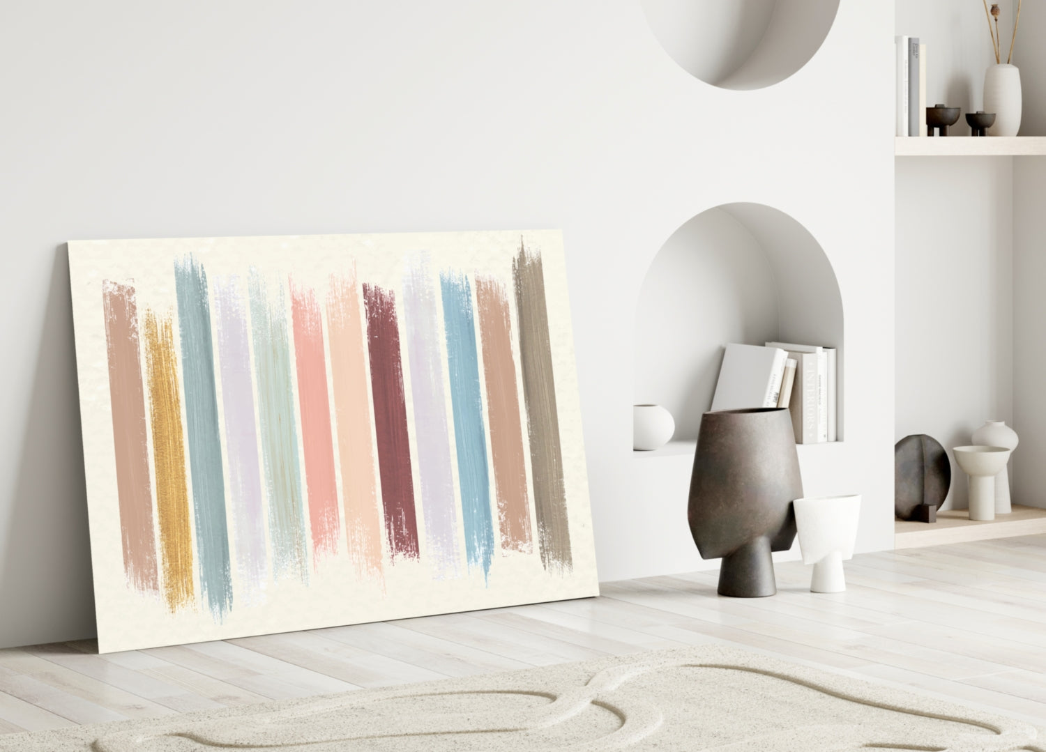 Colored Lines Glass Wall Art leaning against white wall in minimalist room setting with decorative objects and shelving.