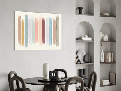 Colored Lines Glass Wall Art displayed above a black round dining table with gray upholstered chairs in a minimalist interior with built-in shelving.