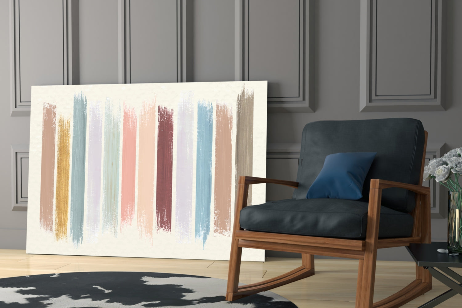 Modern living room displaying vertical brushstroke glass wall art in muted pastels beside wooden mid-century chair.