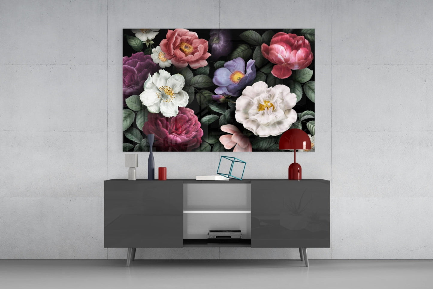 Dark Moody Vintage Rose Bouquet Floral Glass Wall Art