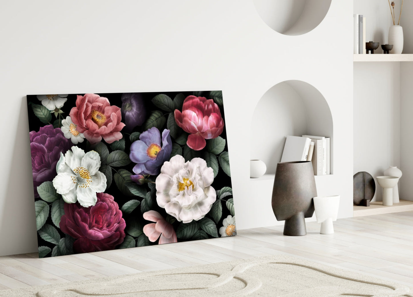 Dark Moody Vintage Rose Bouquet Floral Glass Wall Art