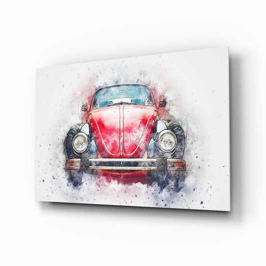 Red vintage Volkswagen Beetle front view rendered in watercolor splashes on white glass canvas with blue windshield.