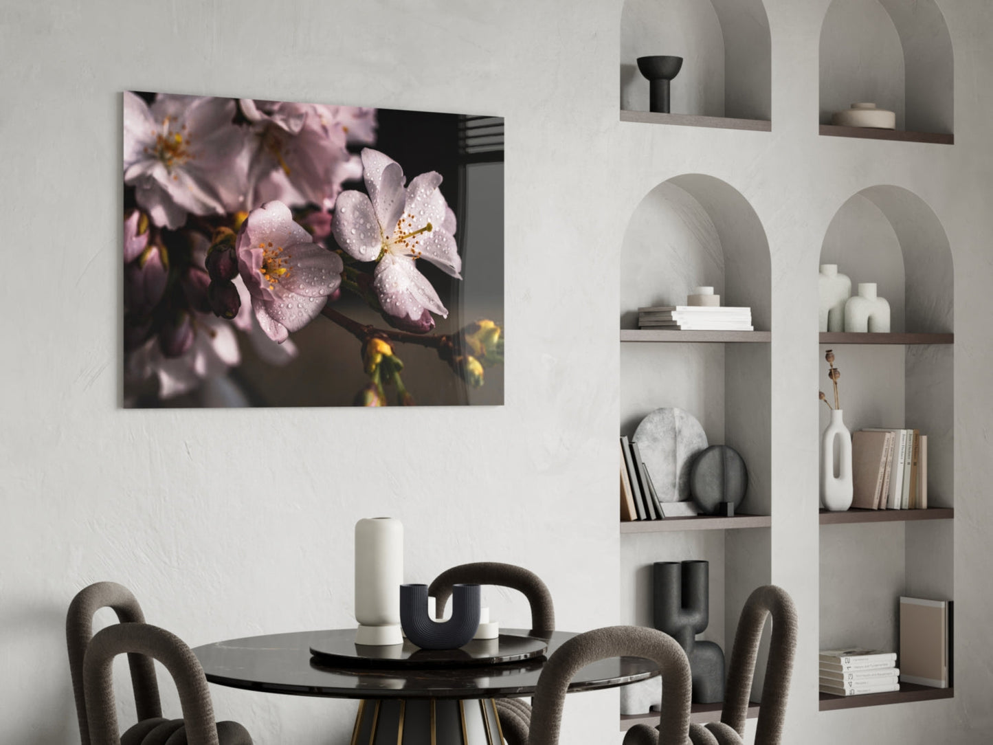 Dewdrop Pink Cherry Blossoms Glass Wall Art