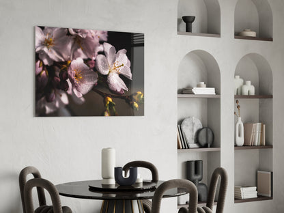 Dewdrop Pink Cherry Blossoms Glass Wall Art
