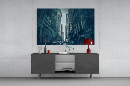 Dark Blue Skyscraper Canyon Street Glass Wall Art