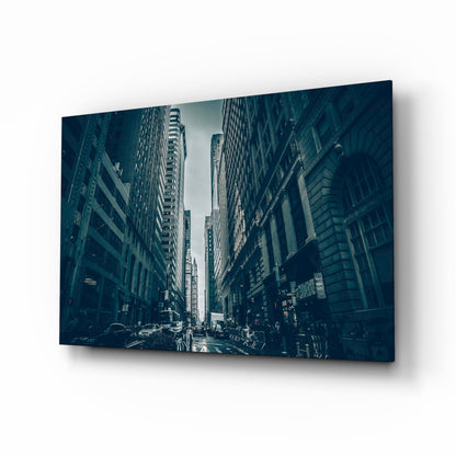 Dark Blue Skyscraper Canyon Street Glass Wall Art