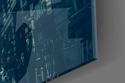 Dark Blue Skyscraper Canyon Street Glass Wall Art