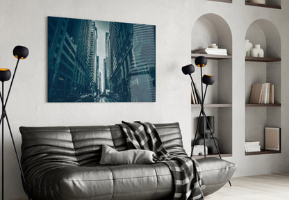 Dark Blue Skyscraper Canyon Street Glass Wall Art