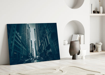 Dark Blue Skyscraper Canyon Street Glass Wall Art