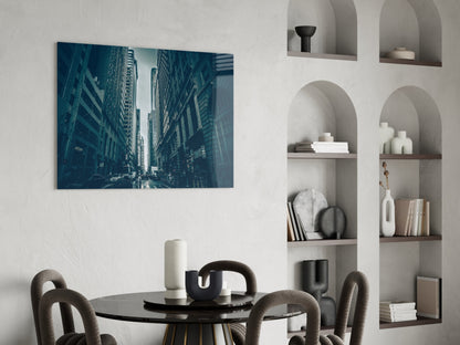 Dark Blue Skyscraper Canyon Street Glass Wall Art