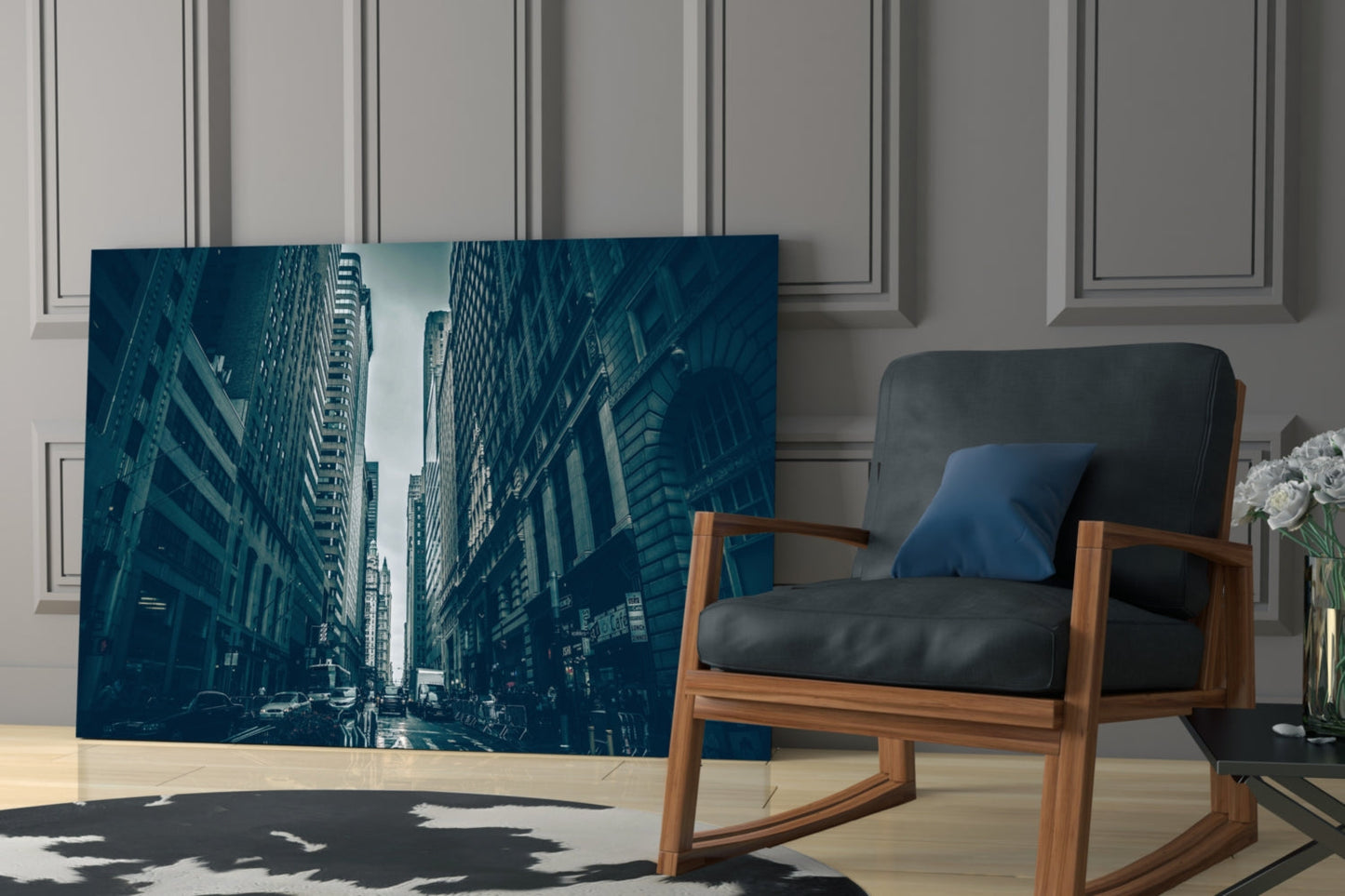 Dark Blue Skyscraper Canyon Street Glass Wall Art