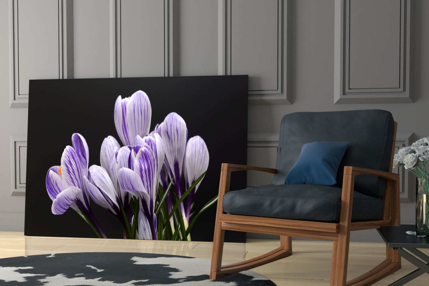 Purple and white striped crocus flowers on black glass panel displayed in modern living room with wooden chair.