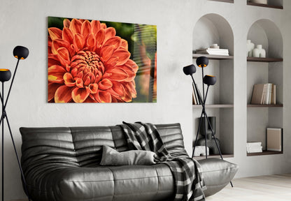 Orange gerbera glass wall art displayed above black leather sofa in modern living room with white built-in shelving.