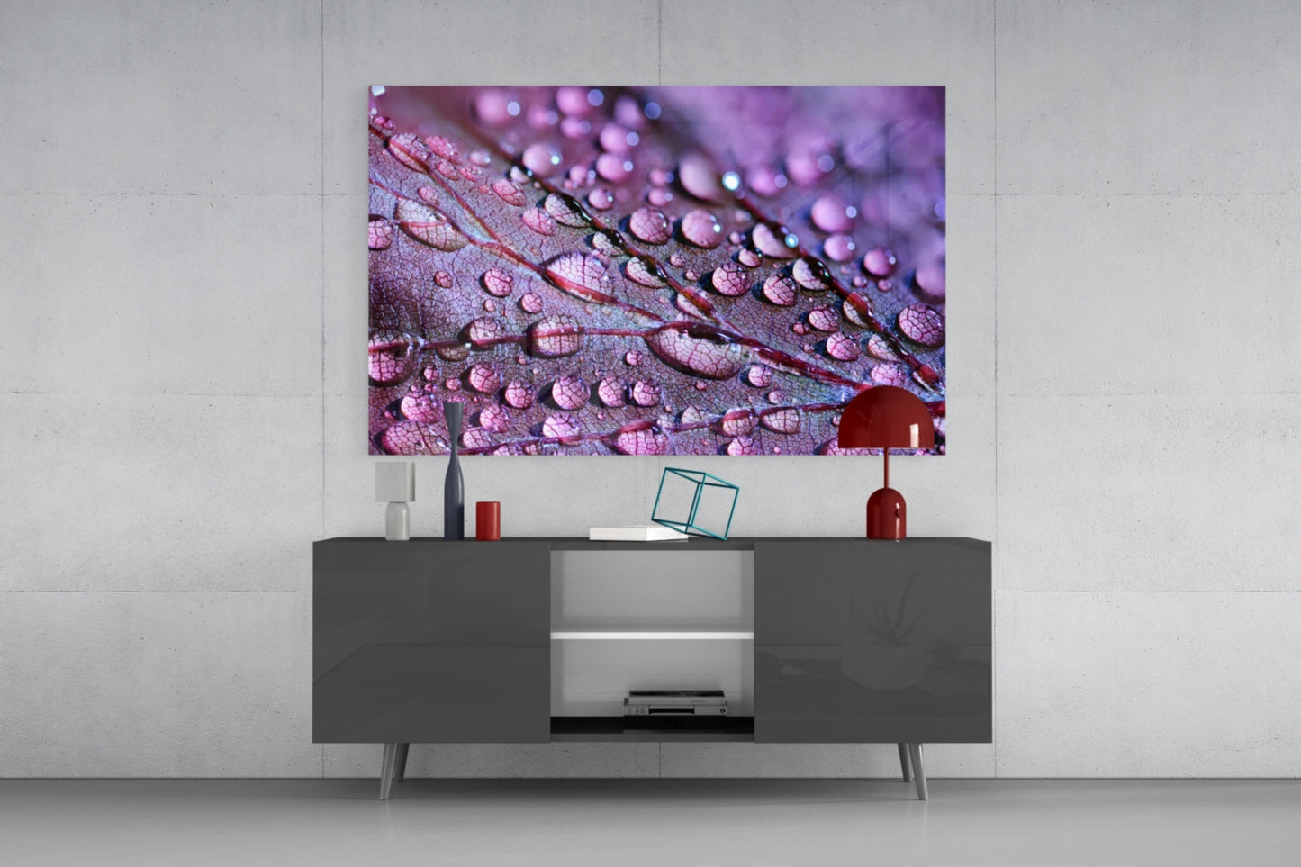 Violet Dew Drops On Leaf Glass Wall Art