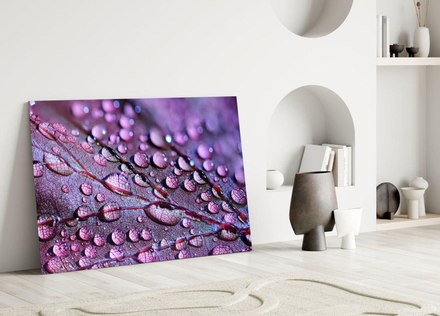 Violet Dew Drops On Leaf Glass Wall Art