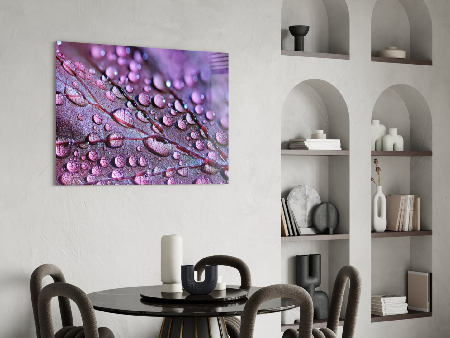 Violet Dew Drops On Leaf Glass Wall Art