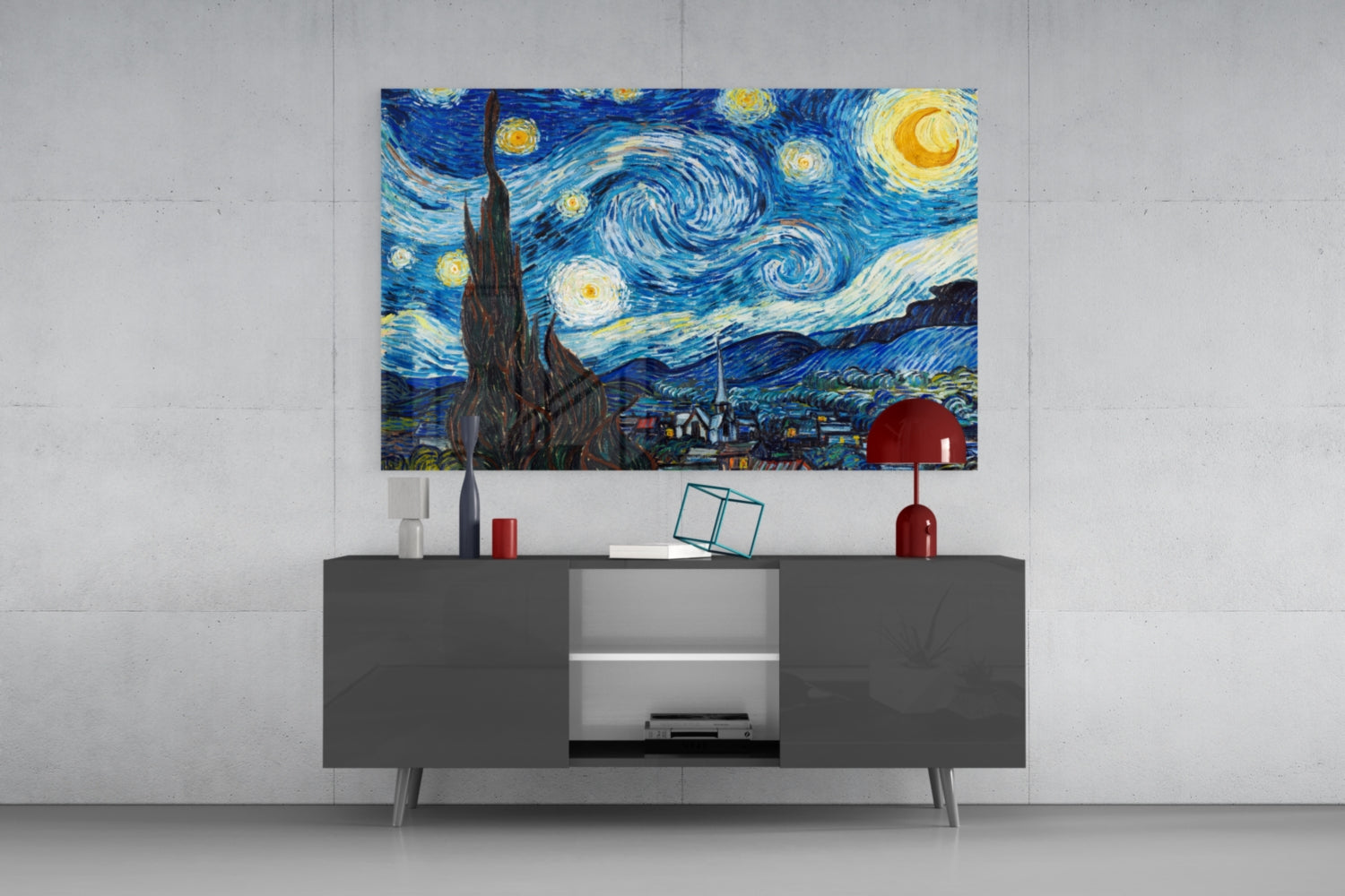 Van Gogh Starry Night glass wall art displayed above a dark gray console table with red and white decorative accessories.