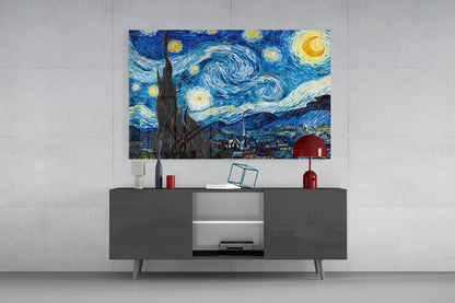 Van Gogh Starry Night glass wall art displayed above a dark gray console table with red and white decorative accessories.