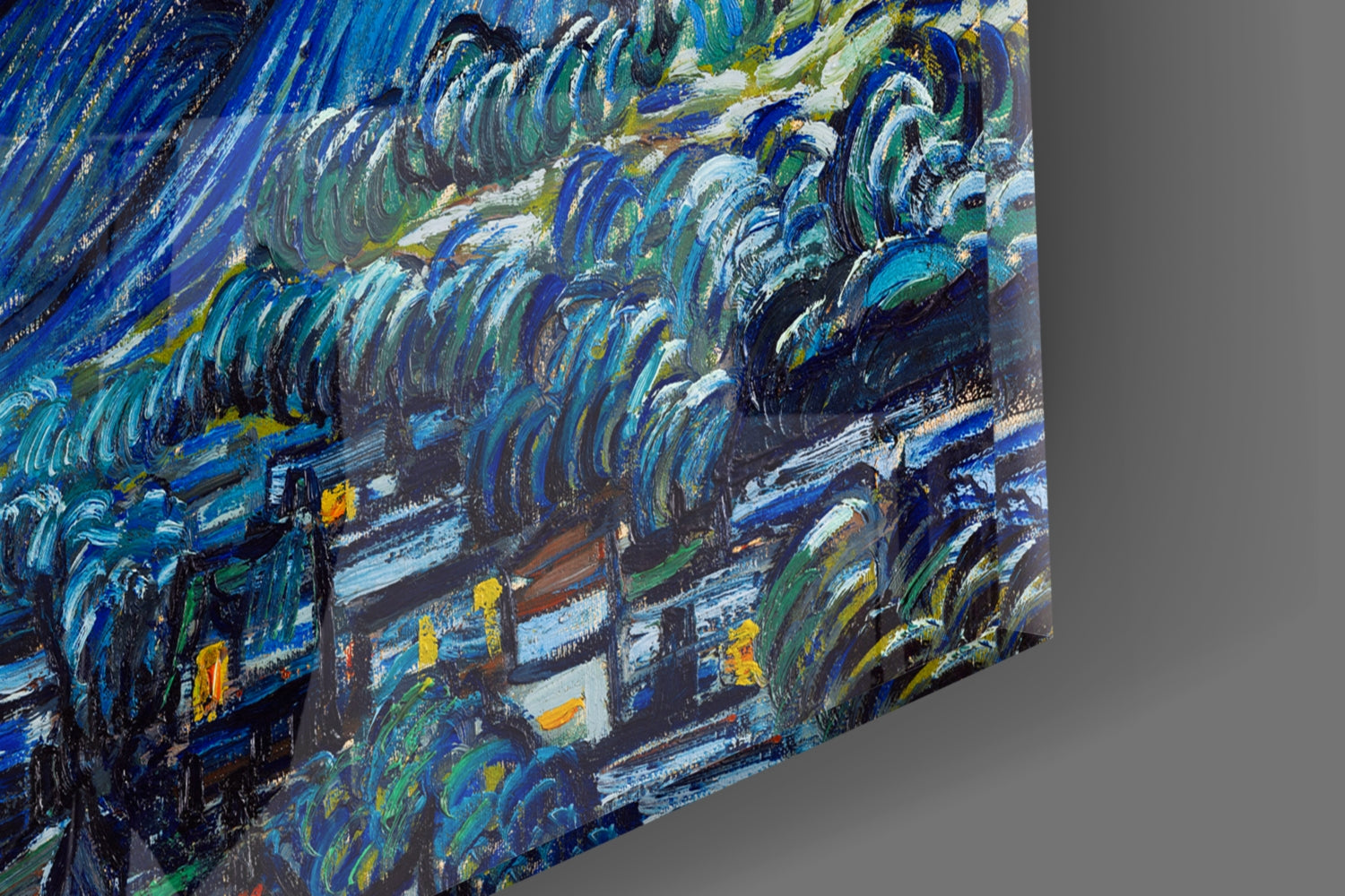 Close-up angled view of textured glass art featuring swirling blue, green, and yellow brushstrokes mimicking Van Gogh's style with visible dimensional relief.