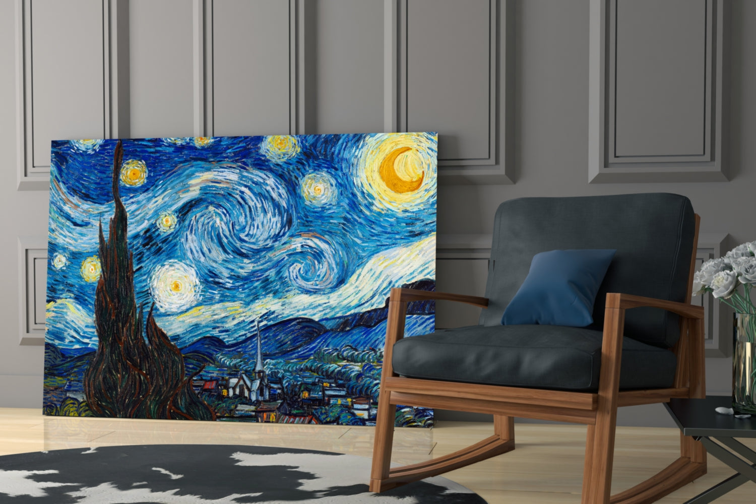 Van Gogh Starry Night glass wall art displayed in modern room with wooden chair and gray wall paneling.