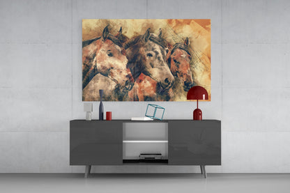 Three Horse Heads Sepia Sketch Glass Wall Art