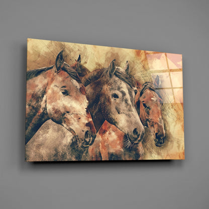 Three Horse Heads Sepia Sketch Glass Wall Art