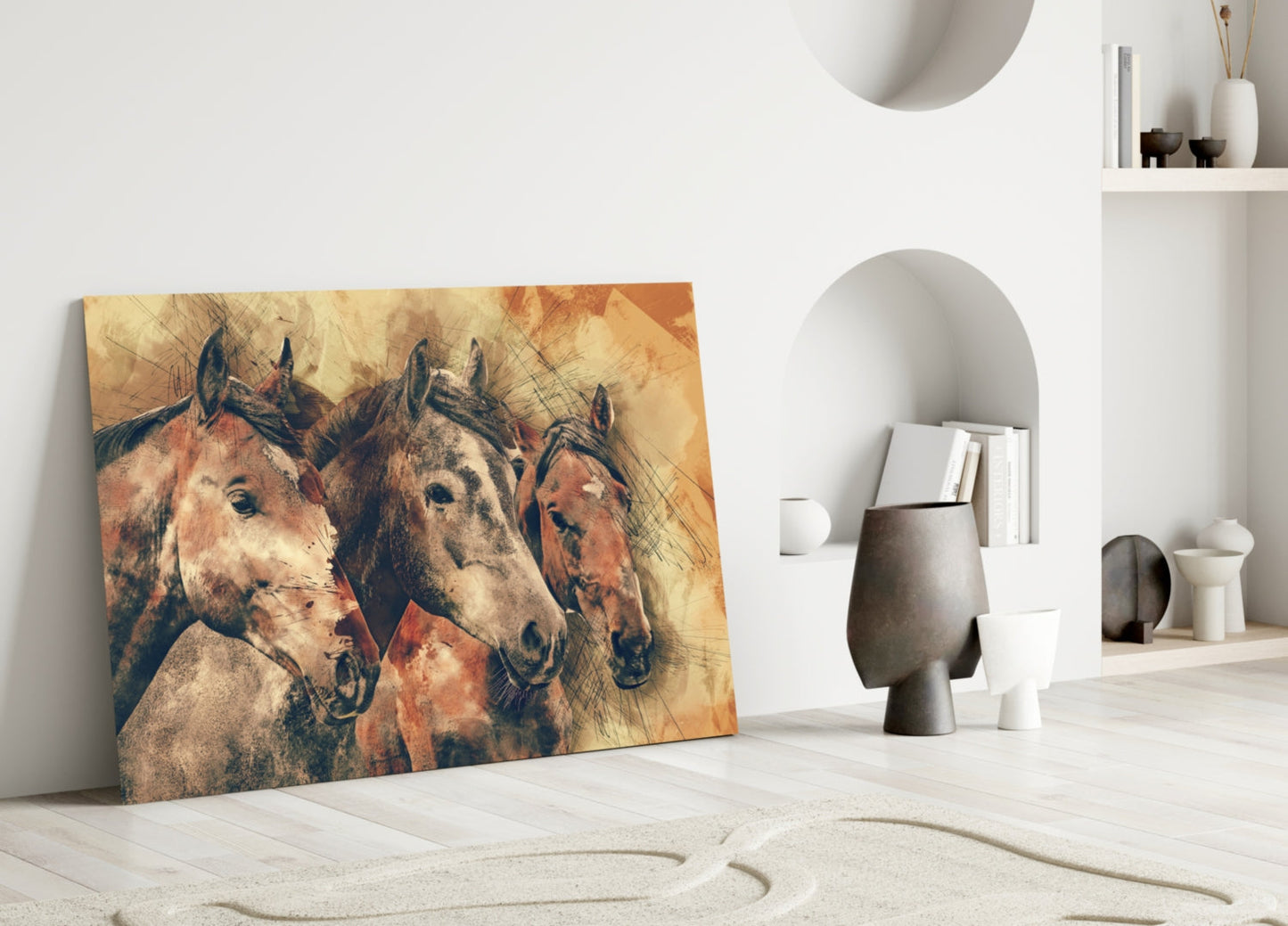 Three Horse Heads Sepia Sketch Glass Wall Art