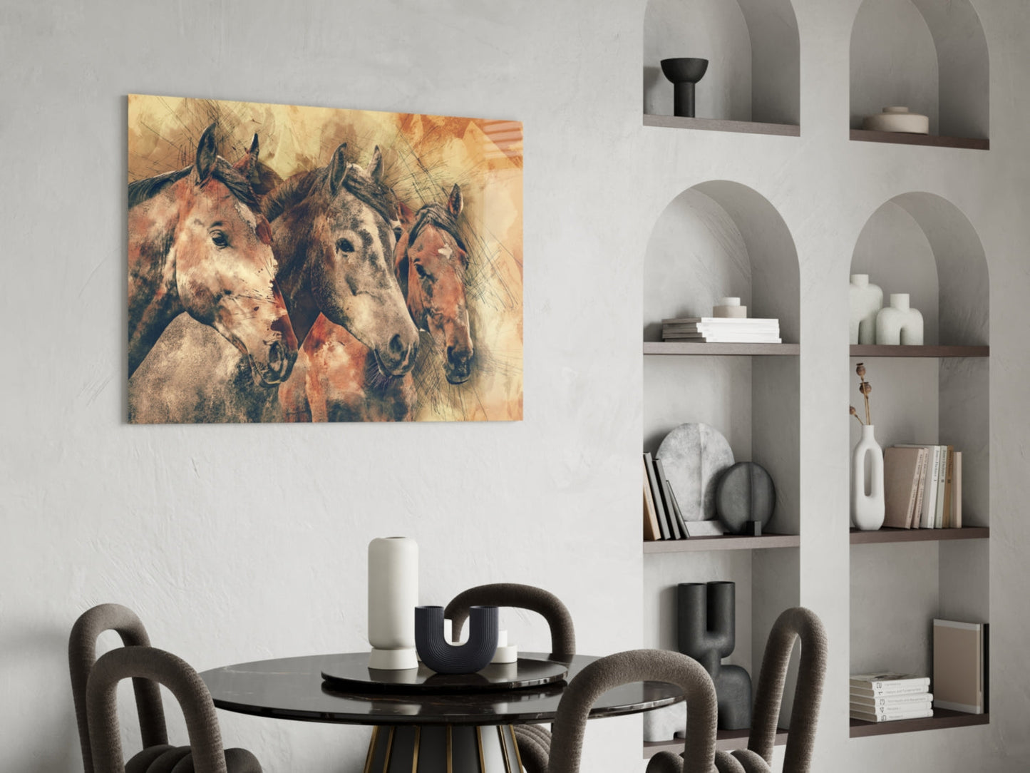 Three Horse Heads Sepia Sketch Glass Wall Art