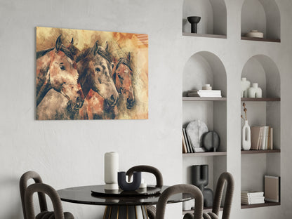 Three Horse Heads Sepia Sketch Glass Wall Art